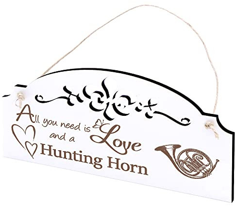 Schild Jagdhorn Deko 20x10cm - All you need is Love and a Hunting Horn - Holz Wanddeko Dekoration Wand