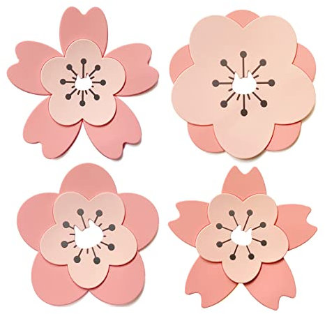 4 Stück PVC Sakura Untersetzer rutschfeste Teebecher Matten Topf Schüssel Pad Platzset Kawaii Blume Tischdekoration Platzset Rosa Tasse Matte Kirschblüte Zubehör (11,4 cm)