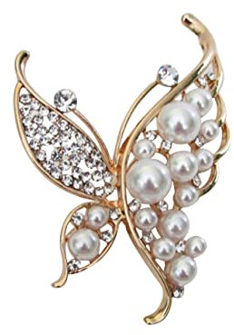 Broche bijou acier doré papillon et perles nacrées.
