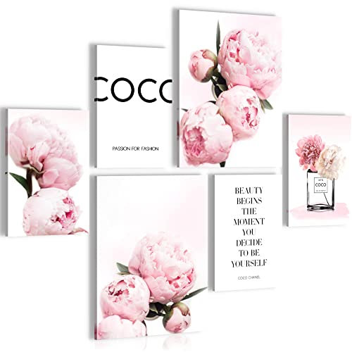 Novart Wandbilder Set Fashion Blumen Rosa mit Spruch - KEIN EXTRA RAHMEN BENÖTIGT - Modern Deko - Wohnzimmer Mädchen Teenager N009463a