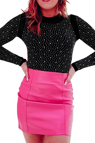 Hotmiss Nahtloser Langarm-Body für Damen, Strass, Nieten, Fischnetz-Top, Tanga-Shirt, Schwarz, M