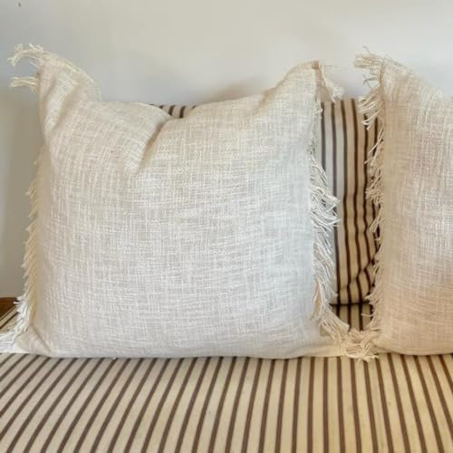 VITO Bello Positano Set mit 2 Kissenbezügen aus naturfarbenem (cremefarben) Rohbaumwollgarn, 50x50 cm, mit Fransen an Zwei Seiten, Boho-Kissen für Sofa, Schlafzimmer und Wohnzimmer.