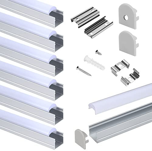 Efishine 6-Pack 3.3ft/1Meter 17x20mm LED-Aluminium-Profil, U-Form Spotless Silber Aluminium-Kanal-System mit 60°Curved dicker milchig weißer Abdeckung für LED-Streifen Lichtinstallation.…