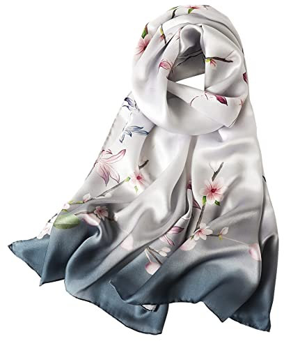 STORY OF SHANGHAI Femme Foulard 100% Soie de Mûrier Coloré Echarpe Léger Elégant Coupe Manuel Meilleur Cadeau pour votre Lady 03 Nouveau Fleurs Rose Bleu