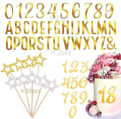 104 Stücke Torten Deko Gold Acryl 2 Sets Buchstaben Deko Torte 20Pcs Zahlen Gold Kuchen Deko Geburtstag A-Z Großbuchstaben Kleinbuchstaben Tortenaufsatz Set für Hochzeit Jubiläum Party Feier