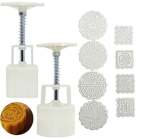 Accfore Paquete de 2 prensas de moldes para tartas de luna con 8 sellos, herramientas de decoración de flores redondas y cuadradas, para hornear pasteles de luna, sellos de galletas, pastelería