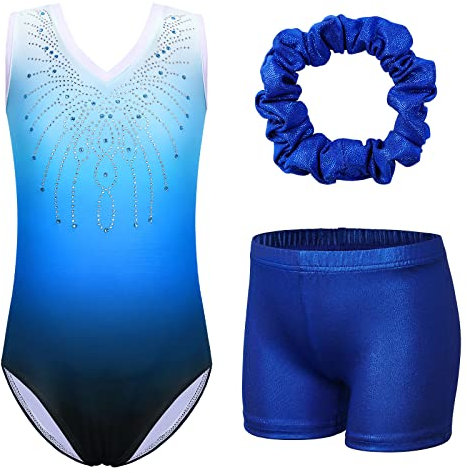 ZNYUNE Kinder Gymnastik Trikot Klassisch Gymnastikanzug 3er Set Anzug für Mädchen B180 Blue 14A