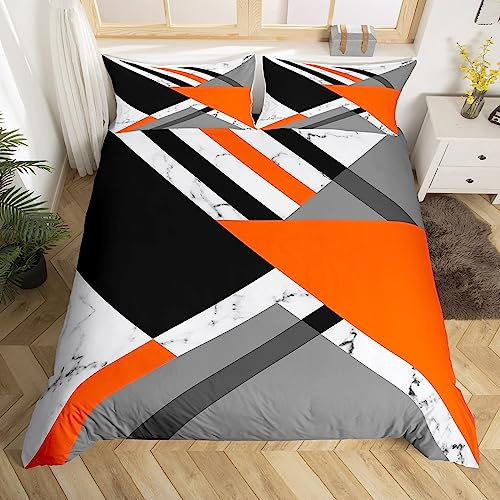 Burnt Orange und Grau Geometrische Bettwäsche Sets 135x200 Patchwork Grau Geometrie Dreieck Streifen Tröster Bezug Schwarz Weiß Marmor Bettbezug,Einfache Linie Bett Set 1 Kissenbezug Zimmer Dekor