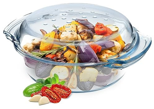 KADAX Cacerola de cristal resistente al calor, recipiente ignífugo, olla de cristal con tapa y asas, vajilla para asar, horno, horno eléctrico, para lasaña, carne, transparente (redonda, 2,4 L)
