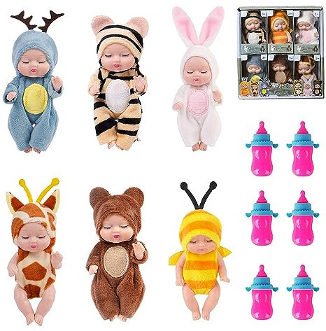 Abiemuce Mini Baby Puppe, 6 Stück MiniRebornPuppen mit 6 Flaschen, Newborn Rebornbaby, Waschbares Baby MiniPuppen, Babe Mini Puppen, MiniBabypuppenSet für Mädchen Jungen Geburtstag