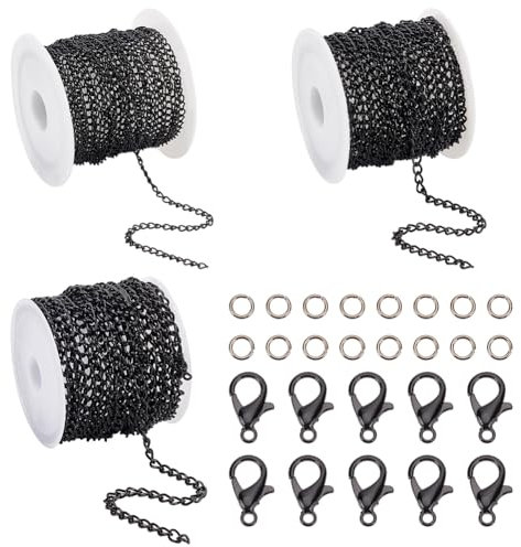 PH PandaHall 36 Fuß Panzerkettenglied 2/3/5mm Gedrehte Kettenglieder Schwarze Metall Bastelkette Mit 100 Stück 4mm Offenen Biegeringen Und 20 Stück Karabinerverschlüssen Für Selbstgemachte Halsketten