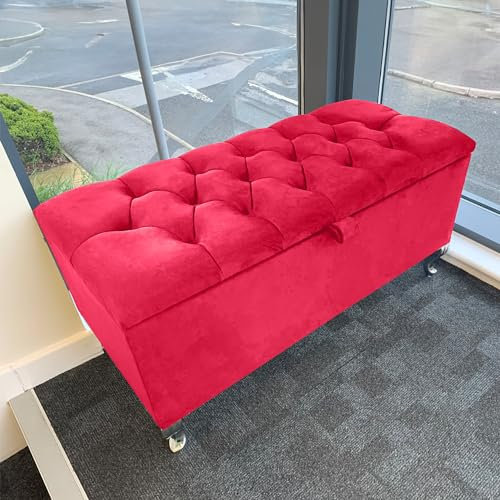 SK LUXURY LIVING Ottoman Storage Box - Engineered Wood Fabric Buttons Luxurious Plush Velvet Ottoman Storage Bench, Perfectly Designed Ottoman for Bedroom Storage (Red Plush, Legs)