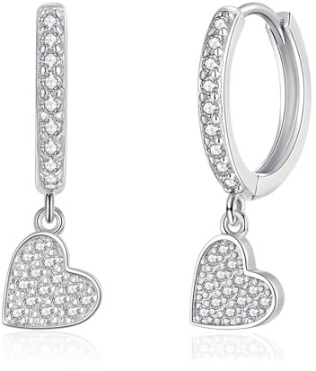 Kamise Dangle Hoop Earrings for Women, 925 Sterling Silver Hoops Earrings Hanging with Heart Pendant, Hypoallergenic Cubic Zirconia Silver Drop Earrings, 16mm Dangling Huggie Earrings with Gift Box
