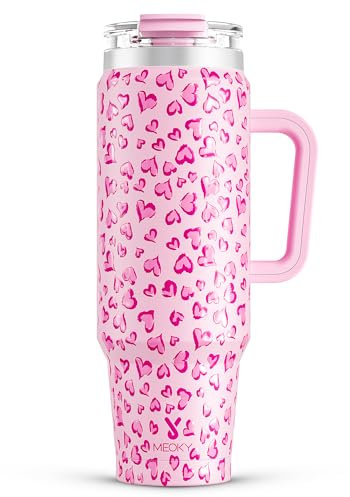 Meoky 40 oz Tumbler with Handle and Straw, Insulated Tumbler with Lid and Straw, Stainless Steel Travel Mug, Keeps Cold for 34 Hours, 100% Leak Proof, Fits in Car Cup Holder (Love)