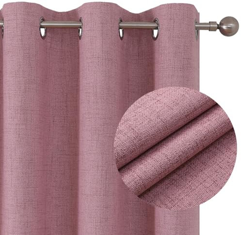 Joydeco 100% Blackout Linen Curtains Bedroom, Thermal Insulated Burlap Eyelet Curtain & Drapes, Room Darkening Textured Curtains Black Out for Living Room 2 Panels(Pink,W 46 x L 54)