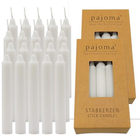 pajoma® Stabkerzen 20 Stück, Weiß - Hochwertige Stabkerzen | 10g Wachsgewicht, ca. 1 Std. Brenndauer, 95 x 13 mm | Premium Spizkerzen, Baumkerzen