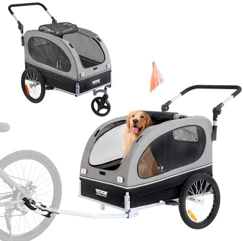 VEVOR Rimorchio Bici per Cani Pieghevole Portata max. 40kg Passeggino per Animali Domestici con Ruote a Sgancio Rapido, Attacco Universale, Carrello per Bici Traino Rimorchio per Animali Nero/Grigio