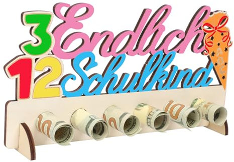 WEDNOK Endlich Schulkind Geldgeschenk Holz Einschulung Aufsteller mit ABC 123 Schultüte Schulanfang Geld Geschenke zum Bemalen Schuleinführung Geschenkidee für Kinder Schultag Schulstart Schulbeginn