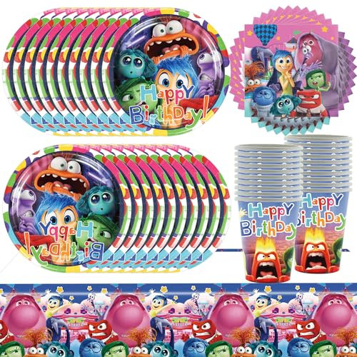 61Pcs Kids Birthday Party Tableware Set, Out Party Decorations, Animated Inside Supplies, Includes Paper Plates Paper Napkins Paper Cups Tablecloth (20 People)