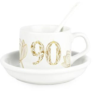 Golden Flowers Age 90 Cup & Saucer Set with Spoon - 90th Birthday Milestone Gifts for Her - Ceramic White Mug Coffee/Tea Hot Drinks Present