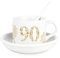 Golden Flowers Age 90 Cup & Saucer Set with Spoon - 90th Birthday Milestone Gifts for Her - Ceramic White Mug Coffee/Tea Hot Drinks Present