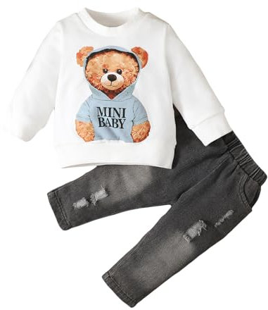 PanLidapan Infant Baby Boy Fall Outfit Newborn Tracksuit Long Sleeve Bear Print Pullover Sweatshirt Jumper Top Elastic Trouser 2Pcs Clothes Set (White, 9-12 Months)