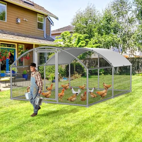 Ollewiellan Hühnerstall Freilaufgehege 3x4x2m Hühnergehege Hühnerhaus Kuppel Dach Verzinkter Stahl Geflügelstall für Hühner Kaninchen Gänse Tauben und Wachteln Metallgehege mit Netz