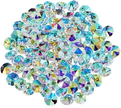 SOFPLATE 1 Box 120Pcs 14mm Crystal Glass Octagon Beads 2 Hole Prism Bead Bulk Colorful Chandelier Replacement Connector Suncatcher Faceted Spacer Bead for DIY Lamp Hanging Ornament Pendant jewellery