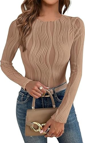 TANMESSO Chemisiers à manches longues pour femmes 2024 col rond texturé en tricot coupe ajustée chemises d'automne basiques, rose gold, XL