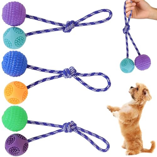 6 Stück Wurfball Hund, Hundespielzeug Ball mit Seil, Naturkautschuk Ball für Hunde, Weich und Elastisch, Wurfball mit Seil für Große & Kleine Hunde Weite Würfe Fangen, Eingebaute Pfeife