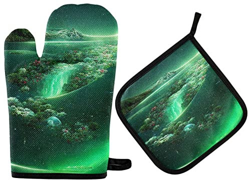 Vikeiac Set di 2 guanti da forno con fiume stellato e presine, adatti per la cucina, resistenti al calore, guanti per grigliare