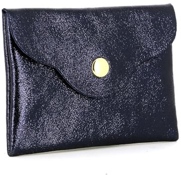 Double Tree - Petit Porte-Monnaie Cartes Femme - Portefeuille Ultra Fin Cuir Véritable Irisé à Magnétique - Compact Léger - Bleu Marine