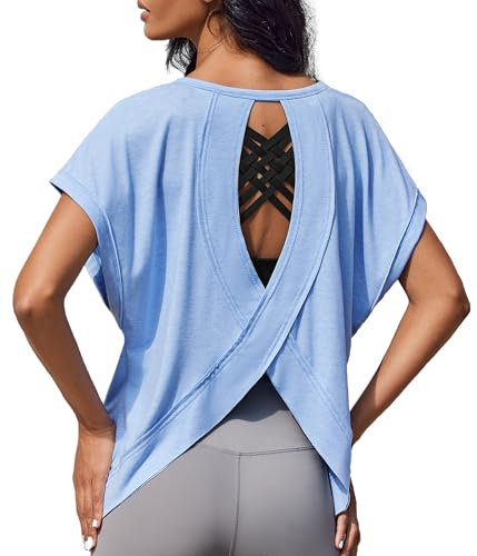 Weardear Sportshirt Damen Kurzarm Funktionsshirt Rückenfreies Laufshirt Loose Fit Sport Tshirt Atmungsaktiv Kurzarmshirt Gym Yoga Workout Fitness Oberteil Lang Sommer Hellblau M
