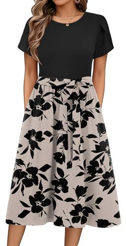 Zeagoo Sommerkleid Damen Elegant Tunika Kleid Blumenkleid Kurzarm Knielanges Swing Kleid Casual A Linie Rundhals Kleid mit Gürtel und Taschen Florale S