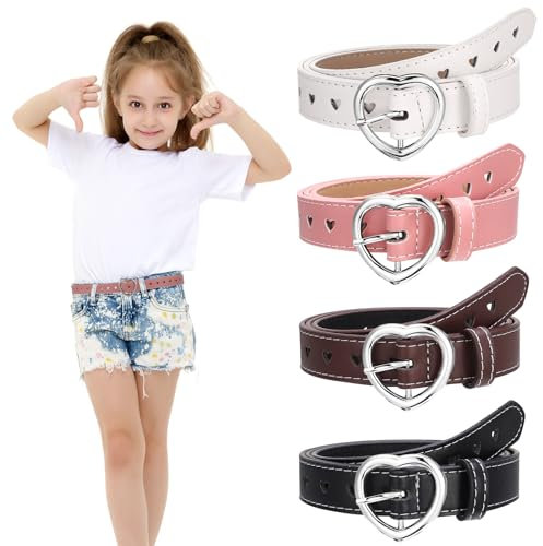 patinadrift 4 Stück Kindergürtel Mädchen, PU Leder Gürtel Kinder Verstellbare Herz Schnalle Taillengürtel Stretchgürtel für Kleider Jeans Hosen Jacken
