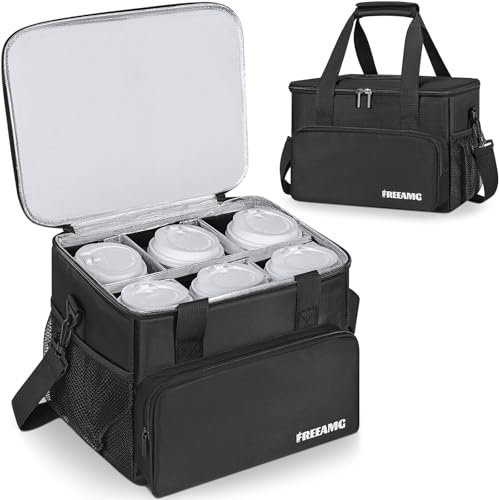 Freeamg Reusable 6 Cups Drink Carrier, Portable Insulated Drink Caddy Cup Holder with Dividers, Side Pockets, Shoulder Strap, Beverages Carrier Bag Tote with Handle for Take Out, Outdoors, Delivery