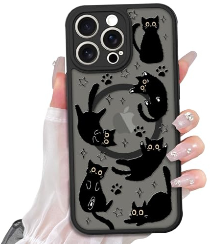 Heaofei Niedliche magnetische Hülle für iPhone 13 Pro Hülle [Kompatibel mit MagSafe] mit schwarzem Katzen-Motiv, für Damen, Mädchen, Jungen, weiche Stoßstange, harte Rückseite, Kawaii-Tier-Schutzhülle