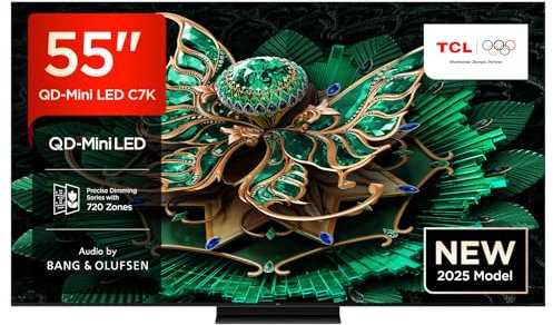 TCL 55C7K QD-Mini LED Fernseher, 55 Zoll, 4K HDR Premium, Dolby Vision IQ & Atmos, Bang & Olufsen Sound, Smart TV mit Google TV, 144Hz, HDMI 2.1, AMD FreeSync Premium Pro, AirPlay 2, Google Assistant