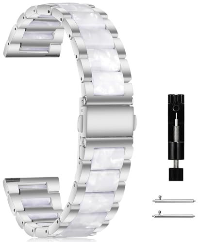CeiBand 18mm Mujer Correa para Huawei Watch 5 42mm/GT5 Pro-42mm/GT5 41mm, Hombre Mujer Métal Resina Pulsera de Reloj de Repuesto, 18mm Banda Reemplazo Inteligente para Garmin Venu 2S - Plata&Blanco