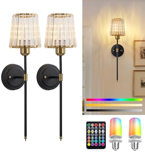 FTL Akku Wandlampe Innen 2 Stück, Schwarz Wandleuchte mit Kristallschirm, RGB Dimmbar Wandbeleuchtung ohne Strom mit Fernbedienung, USB Wandleuchte Kabellos für Wandmalerei, Wohnzimmer, Schlafzimmer