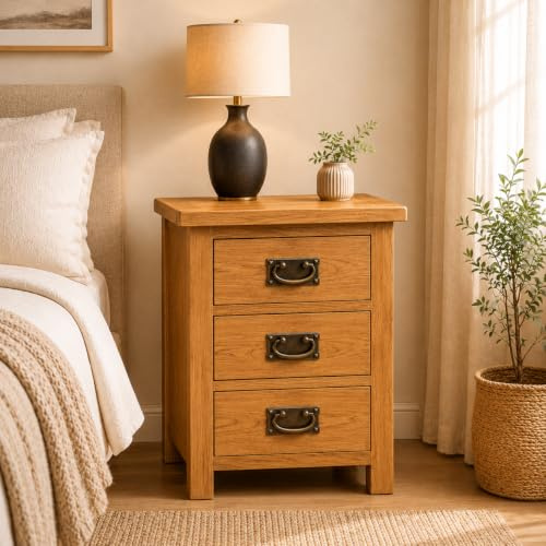 Home Furniture Group Ltd Oakcroft 3 Drawer Bedside Table – Rustic Bedroom Nightstand – 42cm Wide – Fully Assembled