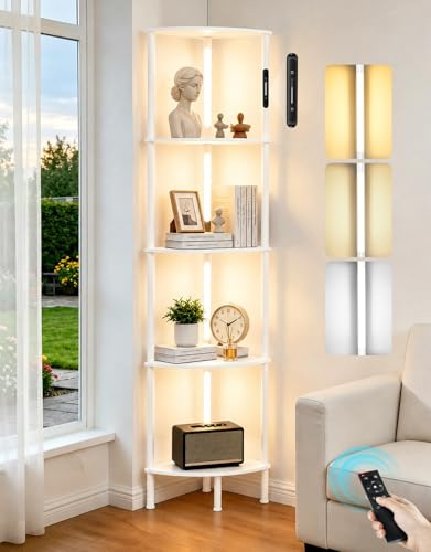 OUTONLIFE Lampada da Terra LED con Libreria Angolare a 5 Ripiani, Palo Rotante a 360°, Dimmerabile con Touch e Telecomando, 3 Temperature di Colore, per Soggiorno, Camera e Ufficio