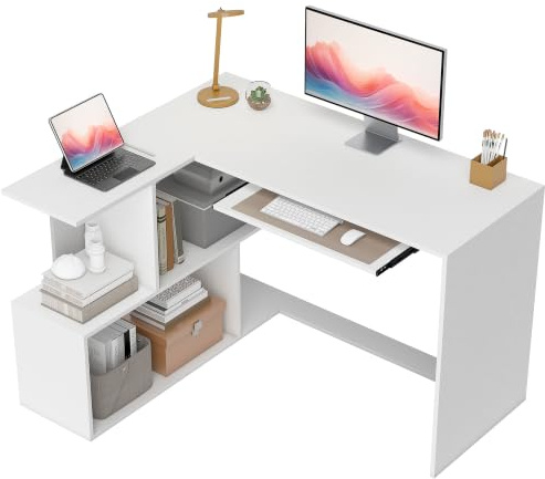 HOMCOM Scrivania Angolare con Ripiano Scorrevole, 120x100cm, Bianco | 4 Ripiani Portaoggetti, Tavolo Salvaspazio ad L, per Computer, Ufficio, Studio, Camera da Letto
