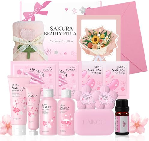 BeauBase Sakura Coffret Bain Femme Cadeau, 14 Pièces Kit Bien Etre Bain, SPA Coffret Cadeau Femme Personnalisé, Idéal pour Anniversaire, Saint-Valentin, Fête des Mères, Noël