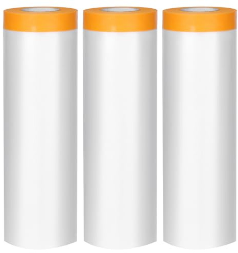 QWORK® 3 Rotoli pellicola di copertura antipolvere, 2.7 m x 20 m telo plastica mascheratura con nastro autoadesivo, per verniciatura, decorazione, rivestimento di mobili