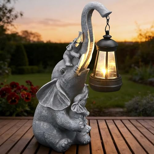 IDEA SHOW Elefant Gartenfigur mit Solar‑Laterne, Harz‑Deko für Garten | Kabellose einfache Aufstellung, solar‑betrieben, energiesparend ohne Stromkosten,Balkon & Terrasse