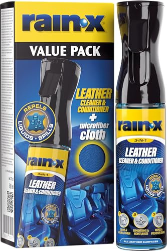 Rain-X Limpia Tapicerías Cuero Coche - Limpia,Nutre y Repele Manchas -300ml | Repelente Líquidos y Agua - Protección UV- Acabado Natural - Incluye Paño de Microfibra