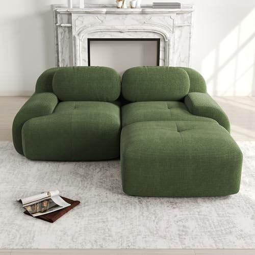 Muskel Modernes Cord Sofa Modulares L-förmiges Ecksofa Schlafsofa mit beweglichem Ottoman, Ohne Montage, Tiefsitz Boneless Sofa Cloud Couchs für Wohnzimmer (Grün, 2-Sitzer+1)
