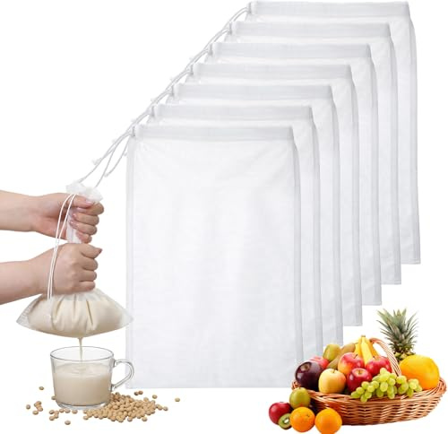 7 Pack Cheese Cloth Bags Reusable Nut Bag Strainer Fine Mesh Nut Milk Bags with Drawstring for Straining Fruit Juice Yogurt Tea Nuts Milk Coffee Cheese Kitchen Goodies (7.7×5.9 in)