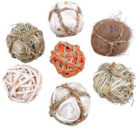 Lurrose 7 Tissées en Paille pour Lapin Nain et Perroquet, Jouets à Mâcher Interactifs en Rotin Naturel, Forme Boule, Matériau Écologique pour Animaux D'intérieur